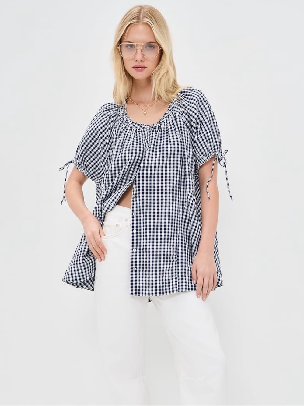 Free People 100% Cotton Farley Gingham Puff Sleeve Tunic, Navy & White – Medium